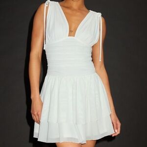 Lulus Luisella White Mesh Ruched Tiered Mini Dress - Size XS